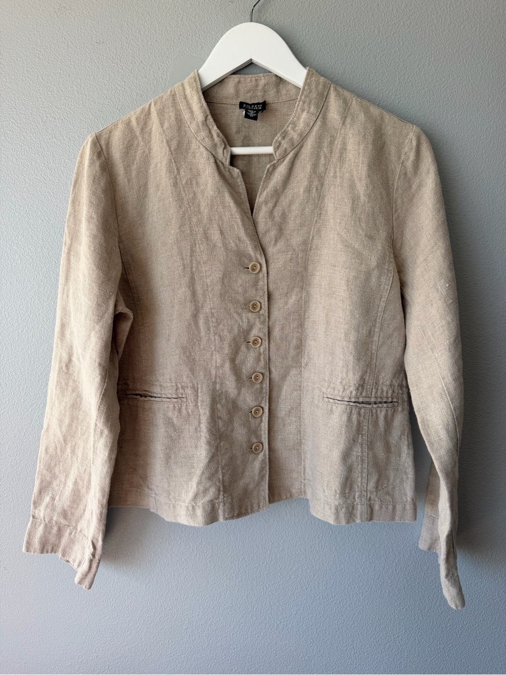 Eileen Fisher tan 100% Irish linen button up jacket Women’s sz M